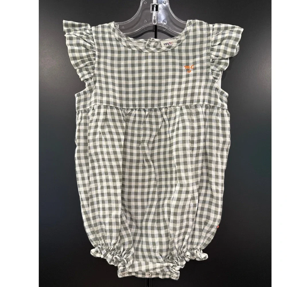Mon Coeur Gingham Linen Baby Girl Romper 18-24M Cream Green NWT